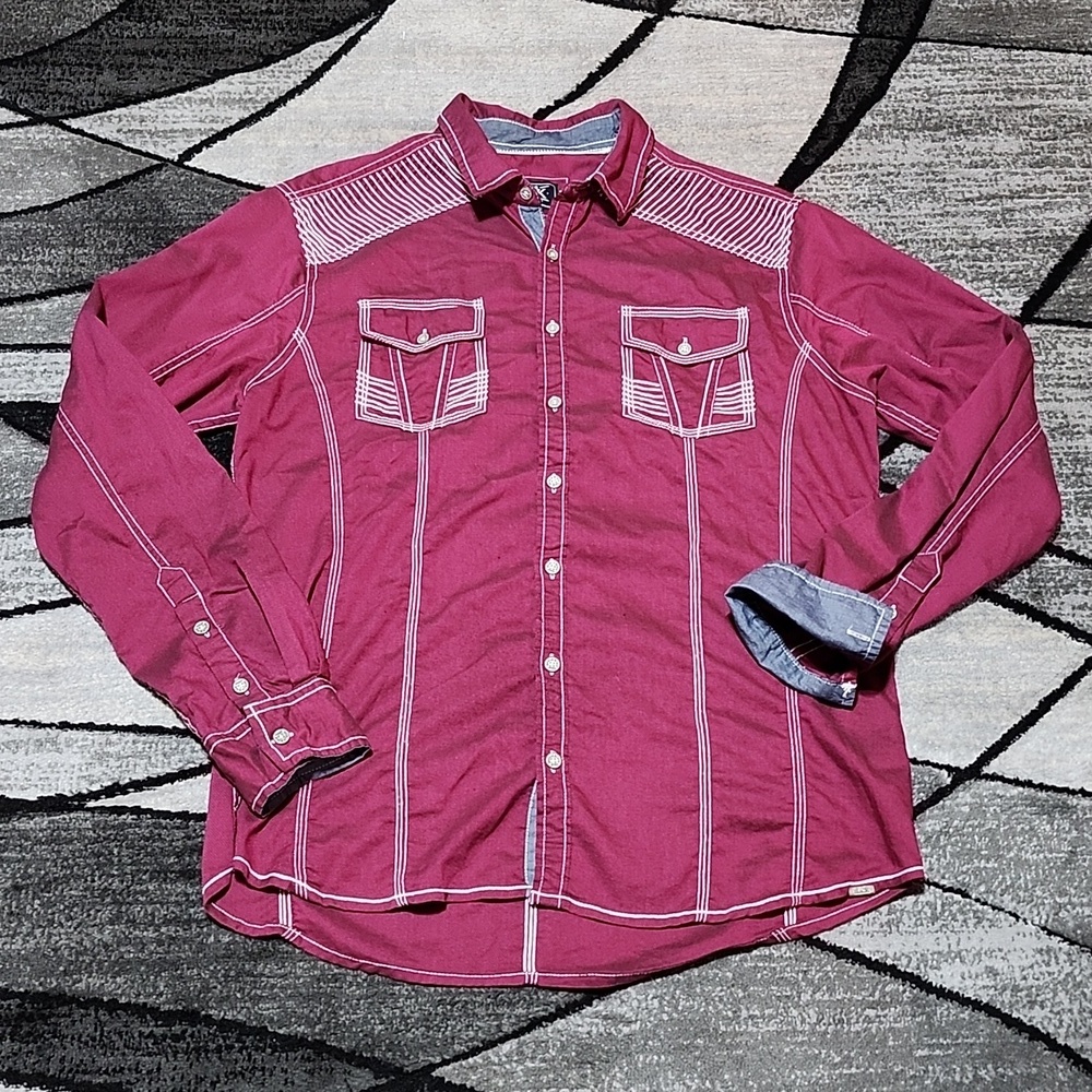 BUCKLE BLACK ATHLETIC FIT EMBROIDERED MAROON BUTTON-DOWN LONG-SLEEVED SH…